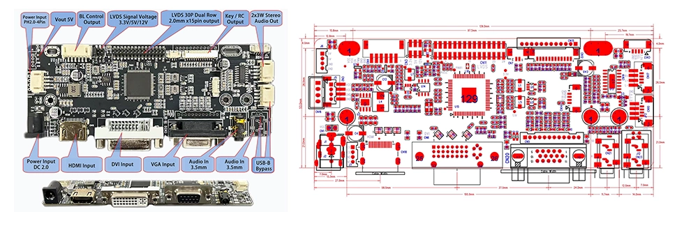 HDMI and VGA and DVI to LVDS Industrial LCD Controller Board interfaces and dimensions